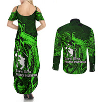 French Polynesia Bora Bora Couples Matching Summer Maxi Dress and Long Sleeve Button Shirts Polynesian Shark Tattoo With Hibiscus Green Version LT14 - Polynesian Pride