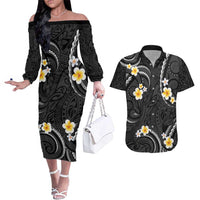 Black And Gray Couples Matching Off The Shoulder Long Sleeve Dress and Hawaiian Shirt Curves Polynesian Tattoo Mix Plumeria Flowers