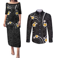 Black And Gray Couples Matching Puletasi and Long Sleeve Button Shirt Curves Polynesian Tattoo Mix Plumeria Flowers