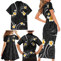 Black And Gray Family Matching Short Sleeve Bodycon Dress and Hawaiian Shirt Curves Polynesian Tattoo Mix Plumeria Flowers