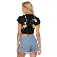 Black And Gray Raglan Cropped T Shirt Curves Polynesian Tattoo Mix Plumeria Flowers LT14 - Polynesian Pride
