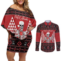 Personalized Hawaii Skull Christmas Couples Matching Off Shoulder Short Dress and Long Sleeve Button Shirt Mele Kalikimaka Hawaiian Kakau LT14 Red - Polynesian Pride