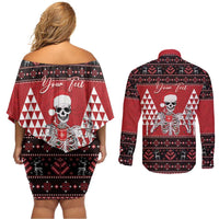 Personalized Hawaii Skull Christmas Couples Matching Off Shoulder Short Dress and Long Sleeve Button Shirt Mele Kalikimaka Hawaiian Kakau LT14 - Polynesian Pride