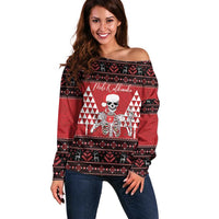 Personalized Hawaii Skull Christmas Off Shoulder Sweater Mele Kalikimaka Hawaiian Kakau LT14 Women Red - Polynesian Pride