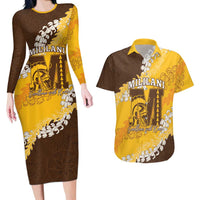 Personalized Mililani Hawaii High School Couples Matching Long Sleeve Bodycon Dress and Hawaiian Shirt Puakenikeni Lei Hawaiian Pattern LT14 Yellow - Polynesian Pride