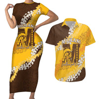 Personalized Mililani Hawaii High School Couples Matching Short Sleeve Bodycon Dress and Hawaiian Shirt Puakenikeni Lei Hawaiian Pattern LT14 Yellow - Polynesian Pride