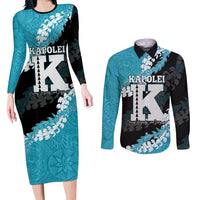 Personalized Kapolei Hawaii High School Couples Matching Long Sleeve Bodycon Dress and Long Sleeve Button Shirt Puakenikeni Lei Hawaiian Pattern LT14 Teal - Polynesian Pride