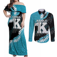 Personalized Kapolei Hawaii High School Couples Matching Off Shoulder Maxi Dress and Long Sleeve Button Shirt Puakenikeni Lei Hawaiian Pattern LT14 Teal - Polynesian Pride