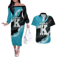 Personalized Kapolei Hawaii High School Couples Matching Off The Shoulder Long Sleeve Dress and Hawaiian Shirt Puakenikeni Lei Hawaiian Pattern LT14 Teal - Polynesian Pride