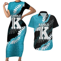 Personalized Kapolei Hawaii High School Couples Matching Short Sleeve Bodycon Dress and Hawaiian Shirt Puakenikeni Lei Hawaiian Pattern LT14 Teal - Polynesian Pride