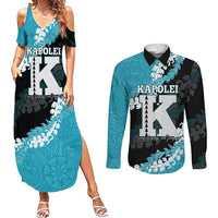 Personalized Kapolei Hawaii High School Couples Matching Summer Maxi Dress and Long Sleeve Button Shirt Puakenikeni Lei Hawaiian Pattern LT14 Teal - Polynesian Pride
