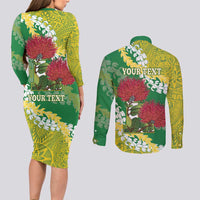 Personalized Leilehua Hawaii High School Couples Matching Long Sleeve Bodycon Dress and Long Sleeve Button Shirt Puakenikeni Lei Hawaiian Pattern LT14 - Polynesian Pride