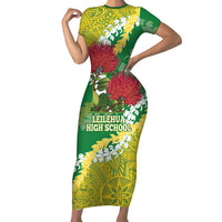 Personalized Leilehua Hawaii High School Family Matching Short Sleeve Bodycon Dress and Hawaiian Shirt Puakenikeni Lei Hawaiian Pattern LT14 Mom's Dress Green - Polynesian Pride