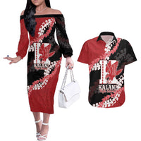 Personalized Kalani Hawaii High School Couples Matching Off The Shoulder Long Sleeve Dress and Hawaiian Shirt Puakenikeni Lei Hawaiian Pattern LT14 Red - Polynesian Pride