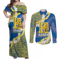 Personalized Kaiser Hawaii High School Couples Matching Off Shoulder Maxi Dress and Long Sleeve Button Shirt Puakenikeni Lei Hawaiian Pattern LT14 Blue - Polynesian Pride
