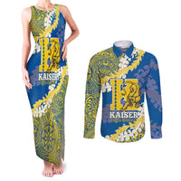 Personalized Kaiser Hawaii High School Couples Matching Tank Maxi Dress and Long Sleeve Button Shirt Puakenikeni Lei Hawaiian Pattern LT14 Blue - Polynesian Pride