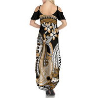 Gold Polynesian Hammerhead Shark Tattoo Summer Maxi Dress Royal Plumeria Gradient Vibes LT14 - Polynesian Pride