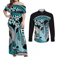 Turquoise Polynesian Hammerhead Shark Tattoo Couples Matching Off Shoulder Maxi Dress and Long Sleeve Button Shirt Royal Plumeria Gradient Vibes LT14 Turquoise - Polynesian Pride