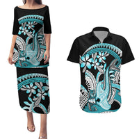 Turquoise Polynesian Hammerhead Shark Tattoo Couples Matching Puletasi and Hawaiian Shirt Royal Plumeria Gradient Vibes LT14 Turquoise - Polynesian Pride