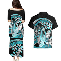 Turquoise Polynesian Hammerhead Shark Tattoo Couples Matching Puletasi and Hawaiian Shirt Royal Plumeria Gradient Vibes LT14 - Polynesian Pride