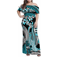 Turquoise Polynesian Hammerhead Shark Tattoo Family Matching Off Shoulder Maxi Dress and Hawaiian Shirt Royal Plumeria Gradient Vibes LT14 Mom's Dress Turquoise - Polynesian Pride