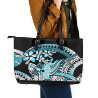 Turquoise Polynesian Hammerhead Shark Tattoo Leather Tote Bag Royal Plumeria Gradient Vibes LT14 - Polynesian Pride