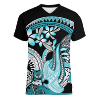 Turquoise Polynesian Hammerhead Shark Tattoo Women V Neck T Shirt Royal Plumeria Gradient Vibes LT14 Female Turquoise - Polynesian Pride