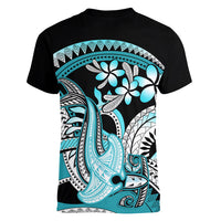 Turquoise Polynesian Hammerhead Shark Tattoo Women V Neck T Shirt Royal Plumeria Gradient Vibes LT14 - Polynesian Pride
