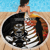 Custom New Zealand Silver Fern Rugby ANZAC Day Beach Blanket 2024 All Black Tiki Mascot