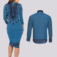 Blue African Dashiki With Fijian Tapa Pattern Couples Matching Long Sleeve Bodycon Dress and Long Sleeve Button Shirt LT14 - Polynesian Pride