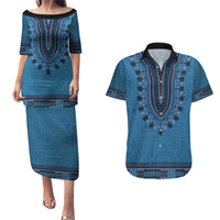 Blue African Dashiki With Fijian Tapa Pattern Couples Matching Puletasi and Hawaiian Shirt LT14 Blue - Polynesian Pride