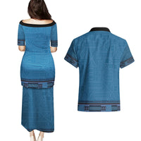 Blue African Dashiki With Fijian Tapa Pattern Couples Matching Puletasi and Hawaiian Shirt LT14 - Polynesian Pride