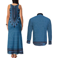 Blue African Dashiki With Fijian Tapa Pattern Couples Matching Tank Maxi Dress and Long Sleeve Button Shirt LT14 - Polynesian Pride