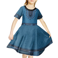 Blue African Dashiki With Fijian Tapa Pattern Kid Short Sleeve Dress LT14 - Polynesian Pride