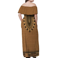 Brown African Dashiki With Fijian Tapa Pattern Off Shoulder Maxi Dress