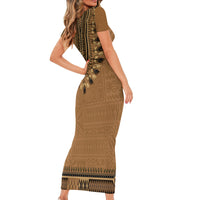 Brown African Dashiki With Fijian Tapa Pattern Short Sleeve Bodycon Dress LT14 - Polynesian Pride