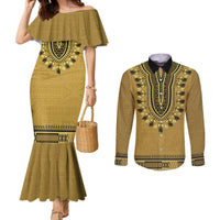 Gold African Dashiki With Fijian Tapa Pattern Couples Matching Mermaid Dress and Long Sleeve Button Shirt LT14 Gold - Polynesian Pride