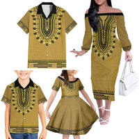 Gold African Dashiki With Fijian Tapa Pattern Family Matching Off The Shoulder Long Sleeve Dress and Hawaiian Shirt