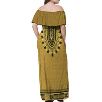 Gold African Dashiki With Fijian Tapa Pattern Off Shoulder Maxi Dress