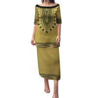 Gold African Dashiki With Fijian Tapa Pattern Puletasi LT14 Long Dress Gold - Polynesian Pride