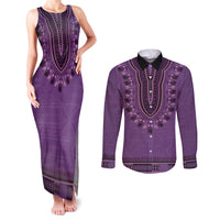 Purple African Dashiki With Fijian Tapa Pattern Couples Matching Tank Maxi Dress and Long Sleeve Button Shirt LT14 Purple - Polynesian Pride