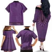 Purple African Dashiki With Fijian Tapa Pattern Family Matching Off The Shoulder Long Sleeve Dress and Hawaiian Shirt