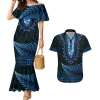 Blue African Dashiki With Aotearoa Maori Couples Matching Mermaid Dress and Hawaiian Shirt Paua Shell Mix Silver Fern LT14 Blue - Polynesian Pride