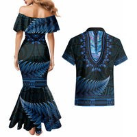 Blue African Dashiki With Aotearoa Maori Couples Matching Mermaid Dress and Hawaiian Shirt Paua Shell Mix Silver Fern LT14 - Polynesian Pride