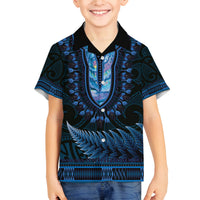 Blue African Dashiki With Aotearoa Maori Family Matching Tank Maxi Dress and Hawaiian Shirt Paua Shell Mix Silver Fern