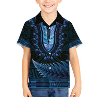 Blue African Dashiki With Aotearoa Maori Hawaiian Shirt Paua Shell Mix Silver Fern