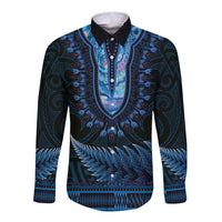 Blue African Dashiki With Aotearoa Maori Long Sleeve Button Shirt Paua Shell Mix Silver Fern LT14 Unisex Blue - Polynesian Pride