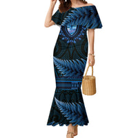 Blue African Dashiki With Aotearoa Maori Mermaid Dress Paua Shell Mix Silver Fern LT14 Women Blue - Polynesian Pride