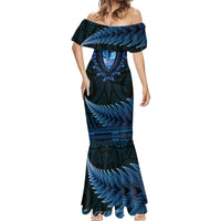 Blue African Dashiki With Aotearoa Maori Mermaid Dress Paua Shell Mix Silver Fern LT14 - Polynesian Pride