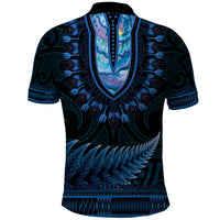 Blue African Dashiki With Aotearoa Maori Polo Shirt Paua Shell Mix Silver Fern